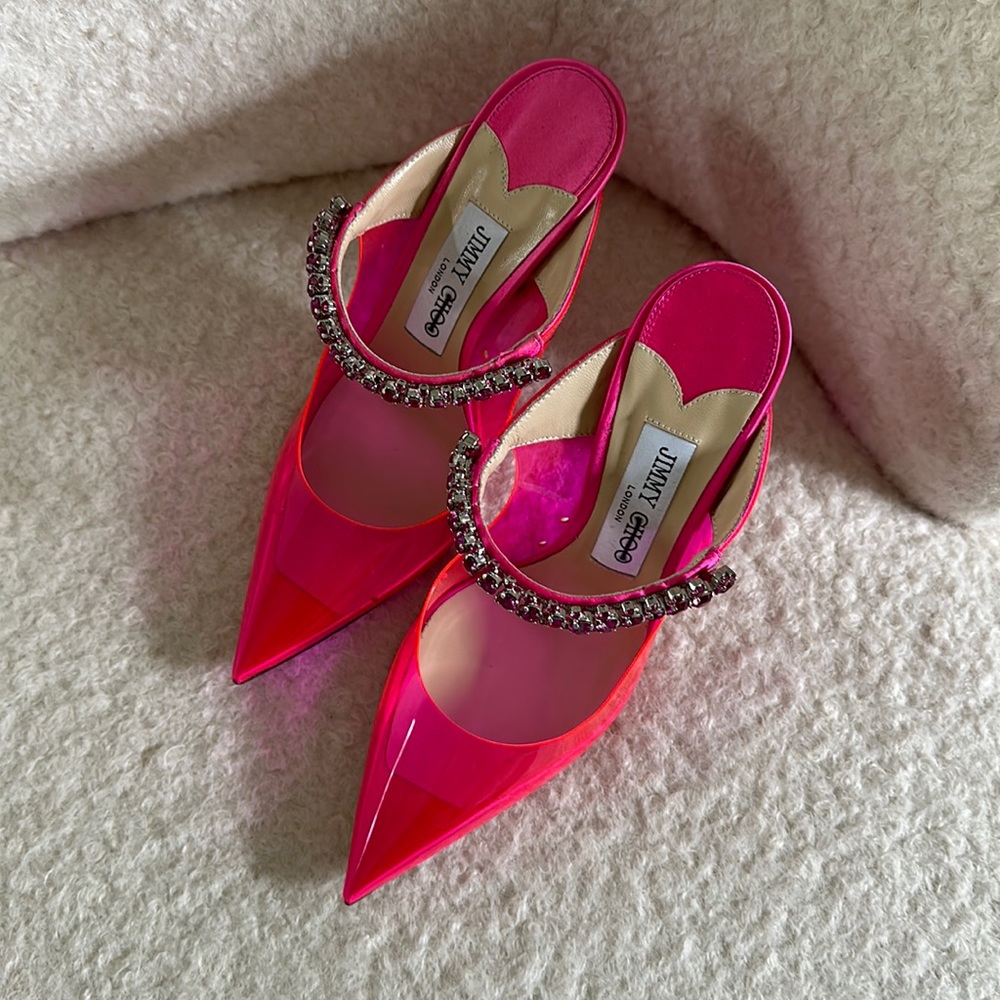 Jimmy Choo Bing 100 sheer neon pink PVC crystal pointy toe pumps heels 35.5